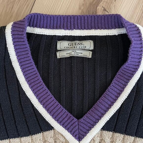 Vintage 90s GUESS Country Club Black Tan Cable Knit V-Neck Stripe Sweater Sz XL - Picture 4 of 5